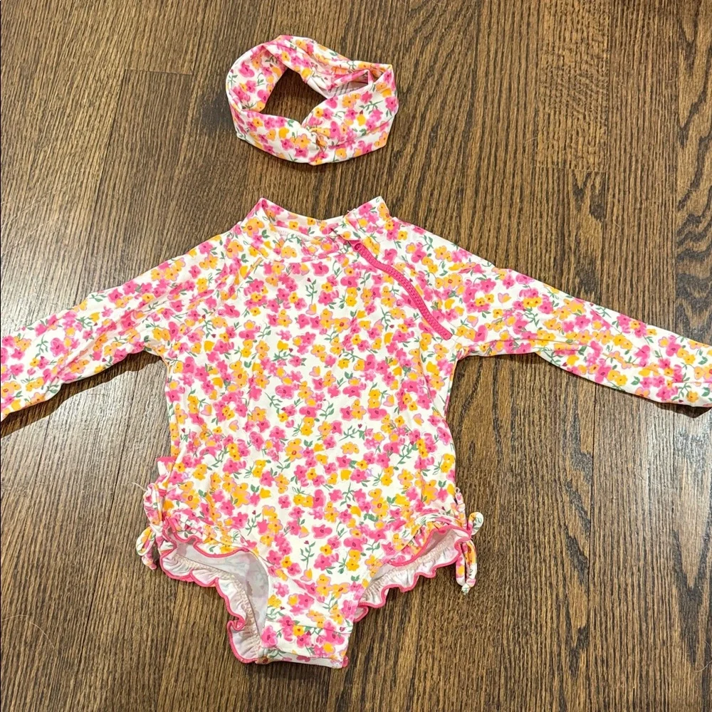 Jessica Simpson Girls Pink and Orange Floral Swimsuit 12 Months